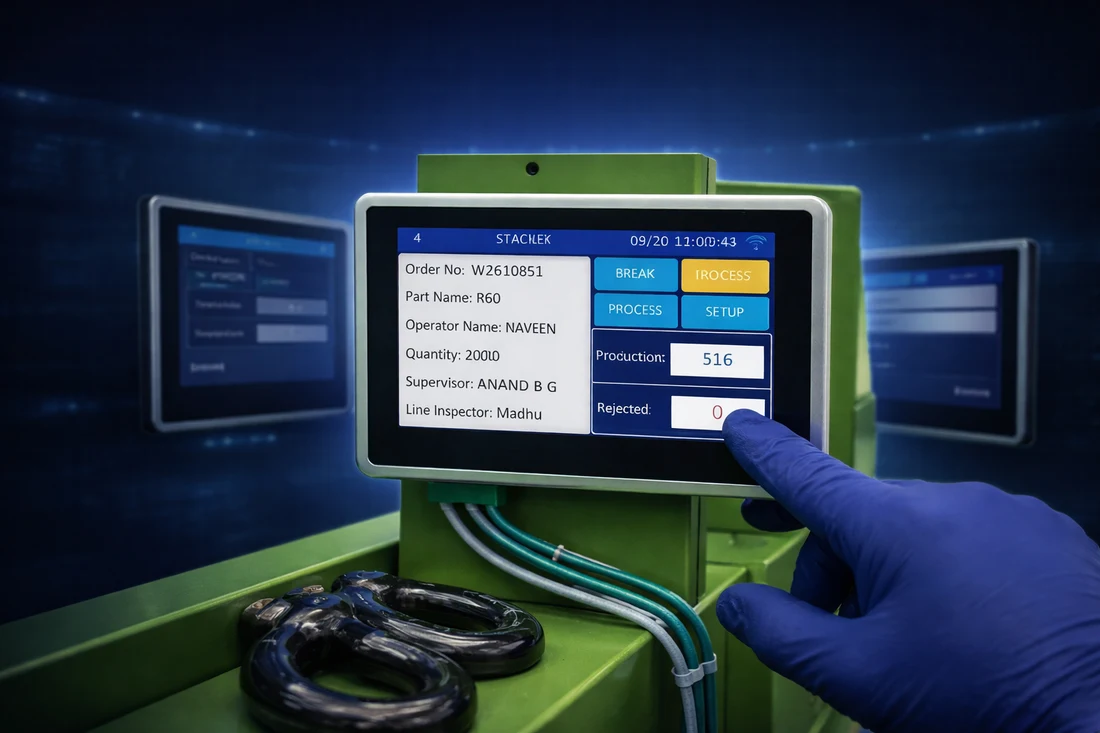 StackEx Pulse Reader touchscreen device on the shop floor
