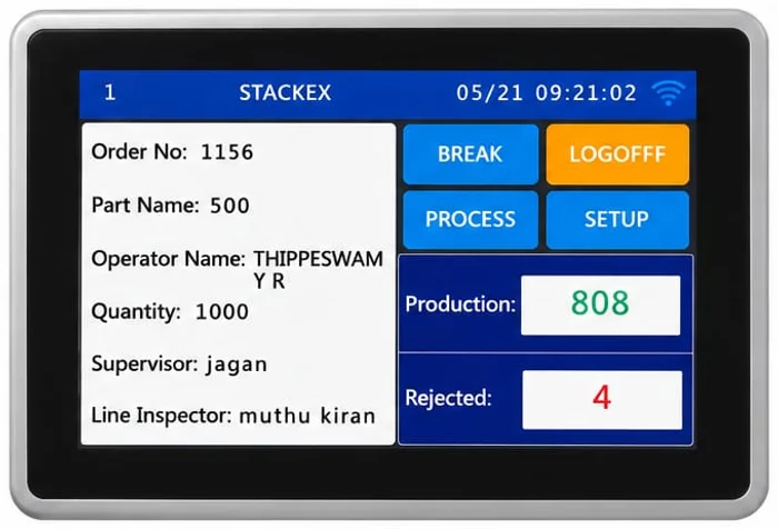Production screen — order, operator and rejection tracking